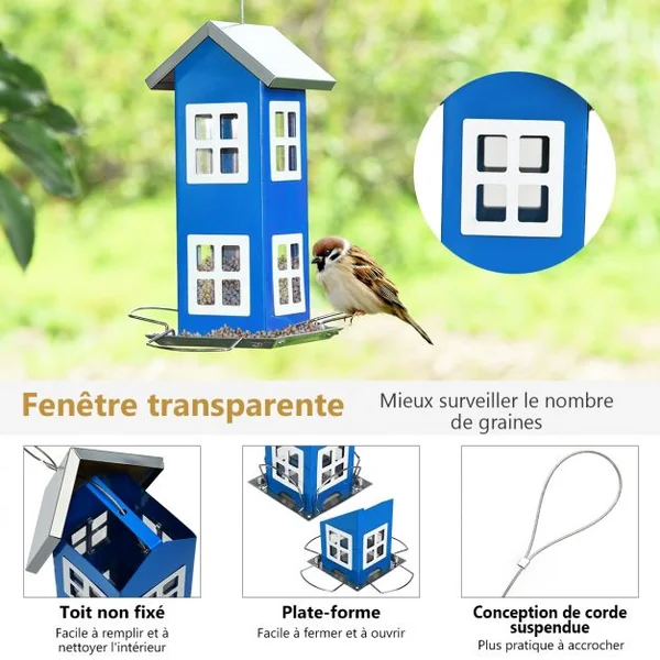 Mangeoire à Oiseaux Étanche en Forme de Maison Corde de Suspension Capacité 2 L en Tôle de Fer 12x12x26cm Bleu