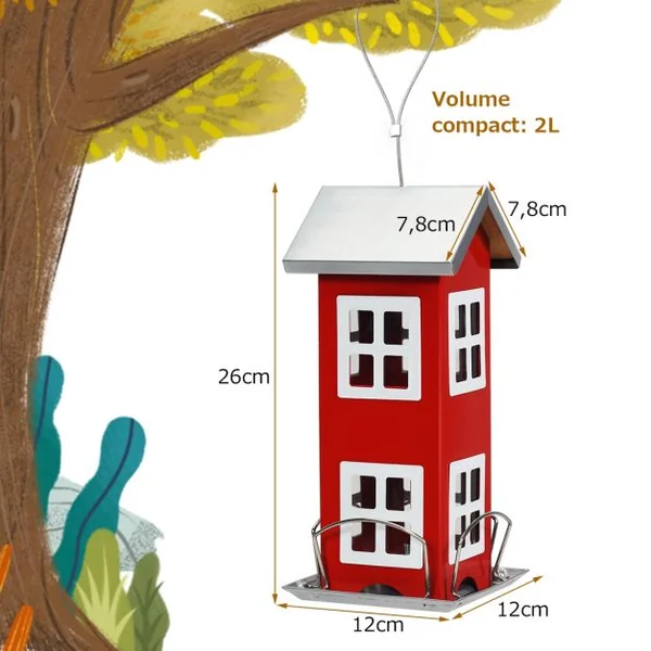 Mangeoire à Oiseaux Étanche en Forme de Maison Corde de Suspension Capacité 2 L en Tôle de Fer 12x12x26cm Rouge