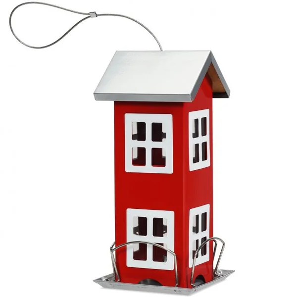 Mangeoire à Oiseaux Étanche en Forme de Maison Corde de Suspension Capacité 2 L en Tôle de Fer 12x12x26cm Rouge