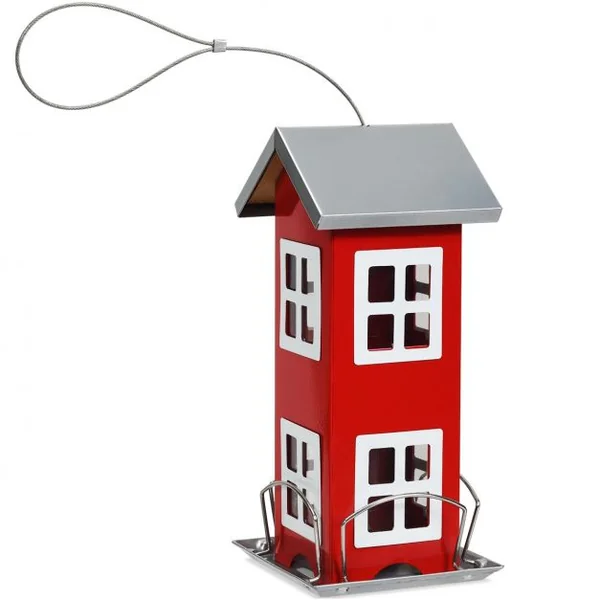 Mangeoire à Oiseaux Étanche en Forme de Maison Corde de Suspension Capacité 2 L en Tôle de Fer 12x12x26cm Rouge