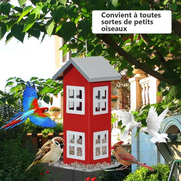 Mangeoire à Oiseaux Étanche en Forme de Maison Corde de Suspension Capacité 2 L en Tôle de Fer 12x12x26cm Rouge