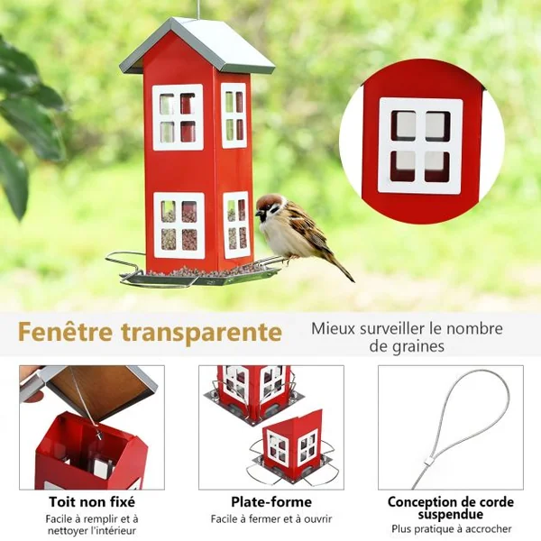 Mangeoire à Oiseaux Étanche en Forme de Maison Corde de Suspension Capacité 2 L en Tôle de Fer 12x12x26cm Rouge