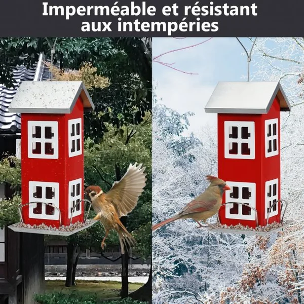 Mangeoire à Oiseaux Étanche en Forme de Maison Corde de Suspension Capacité 2 L en Tôle de Fer 12x12x26cm Rouge