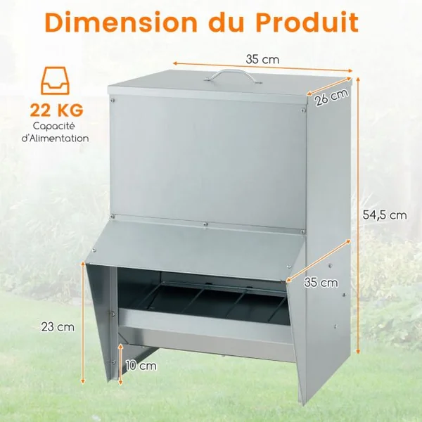 Mangeoire à Poulet Galvanisée de Capacité de 22 kg Fixation Murale avec Couvercle Distributeur de Nourriture Sans Gaspillage Argent