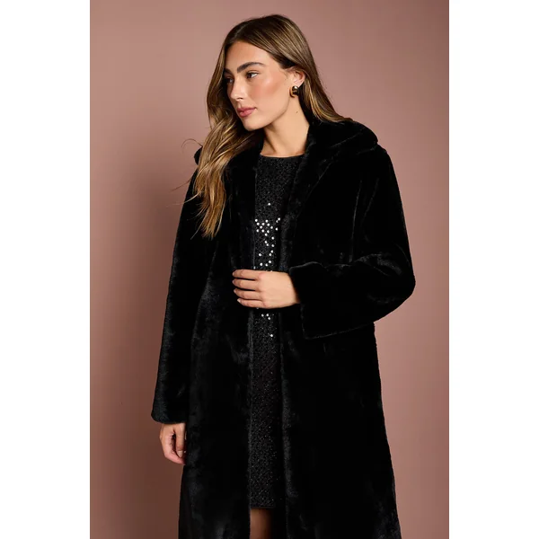 Manteau Long à Col en synthétique Noire
