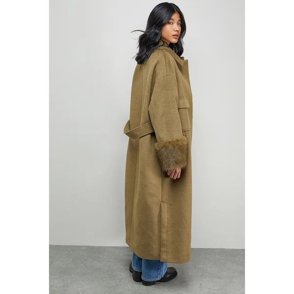 Manteau Long à Poches Plaquées et Poignets en synthétique