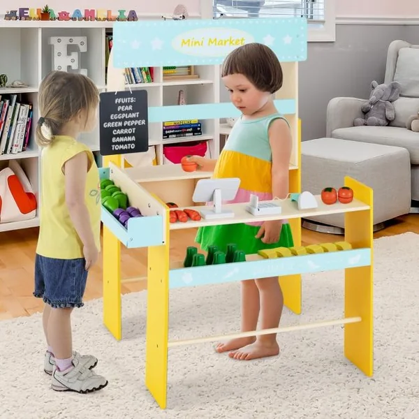 Marchande Enfant 3 Ans+ en Bois 36 Légumes et Fruits Machine POS Tableau Noir et Scanner Bleu