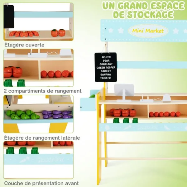 Marchande Enfant 3 Ans+ en Bois 36 Légumes et Fruits Machine POS Tableau Noir et Scanner Bleu