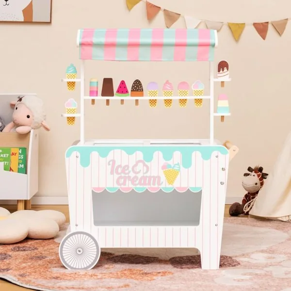 Marchande Enfants 12 Accessoires Chariot à Crème Glacée en Bois 65 x 31 x 87 CM pour Enfants 3 Ans+