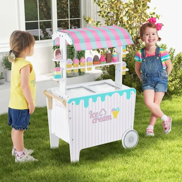Marchande Enfants 12 Accessoires Chariot à Crème Glacée en Bois 65 x 31 x 87 CM pour Enfants 3 Ans+