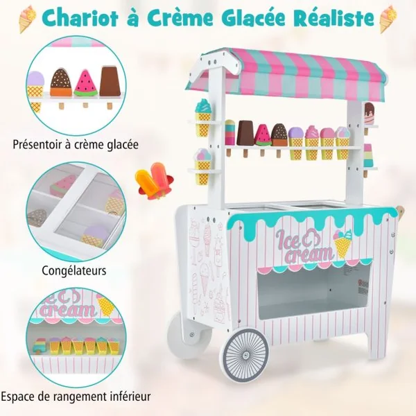 Marchande Enfants 12 Accessoires Chariot à Crème Glacée en Bois 65 x 31 x 87 CM pour Enfants 3 Ans+