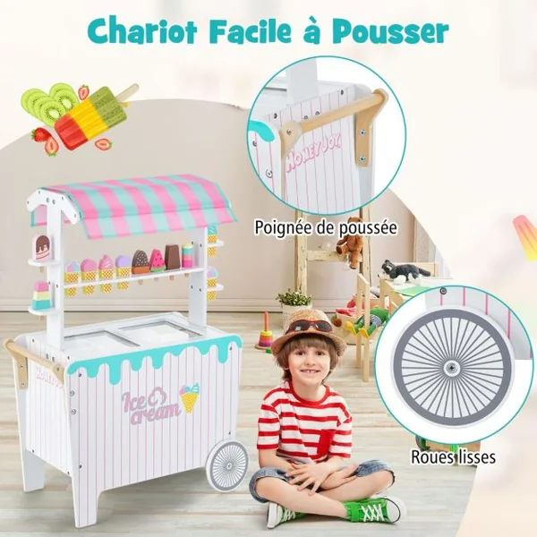 Marchande Enfants 12 Accessoires Chariot à Crème Glacée en Bois 65 x 31 x 87 CM pour Enfants 3 Ans+