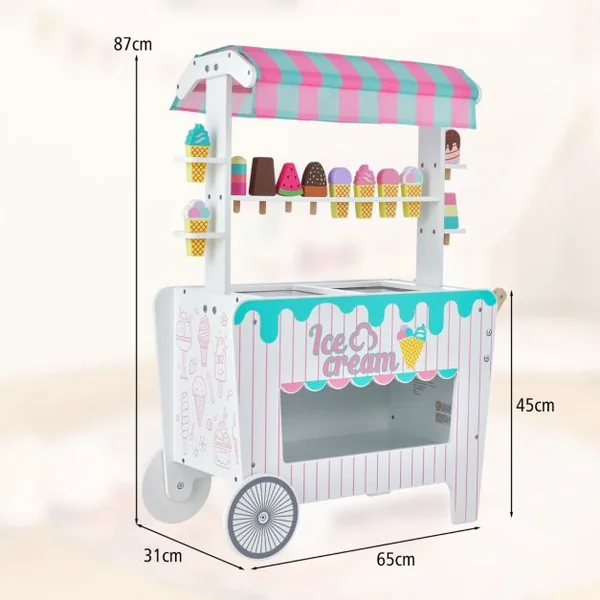 Marchande Enfants 12 Accessoires Chariot à Crème Glacée en Bois 65 x 31 x 87 CM pour Enfants 3 Ans+