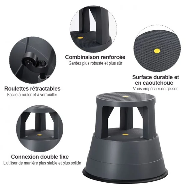 Marche pied Enfant Antidérapant avec Roulettes Verrouillable en Plastique Charge Max.150 kg Gris