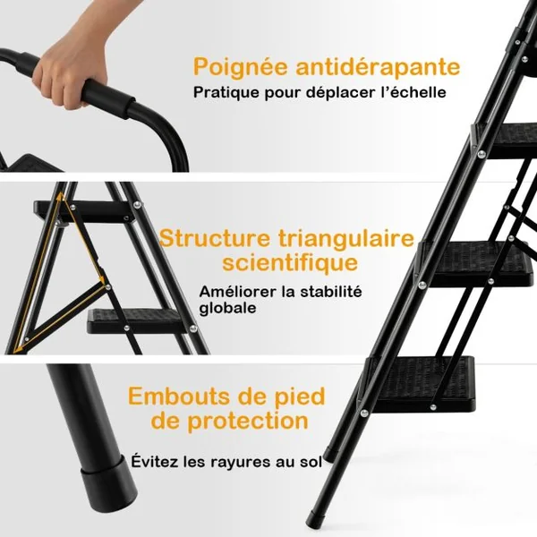 Marchepied 3 Marches Pliant Largie Cadre Métallique Lourd Pédale Antidérapante 64 x 39 x 90 cm Capacité 150 kg Noir