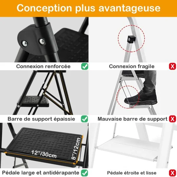 Marchepied 3 Marches Pliant Largie Cadre Métallique Lourd Pédale Antidérapante 64 x 39 x 90 cm Capacité 150 kg Noir