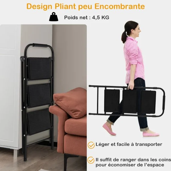 Marchepied 3 Marches Pliant Largie Cadre Métallique Lourd Pédale Antidérapante 64 x 39 x 90 cm Capacité 150 kg Noir