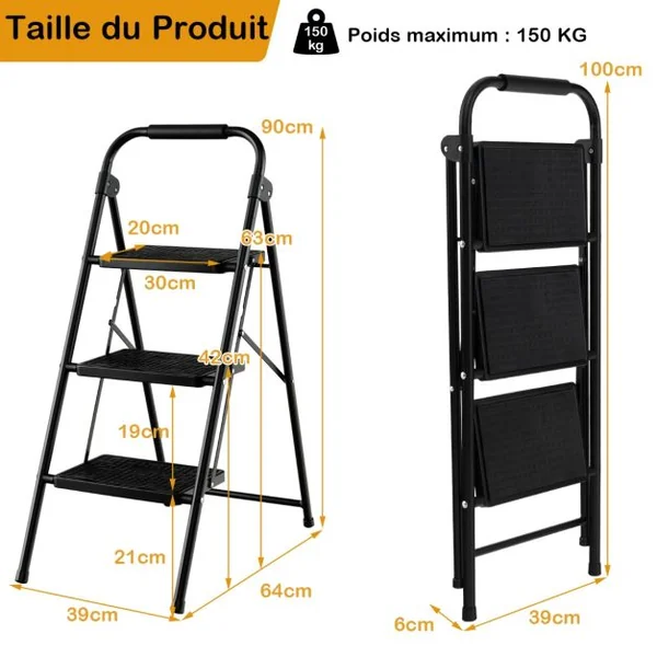 Marchepied 3 Marches Pliant Largie Cadre Métallique Lourd Pédale Antidérapante 64 x 39 x 90 cm Capacité 150 kg Noir
