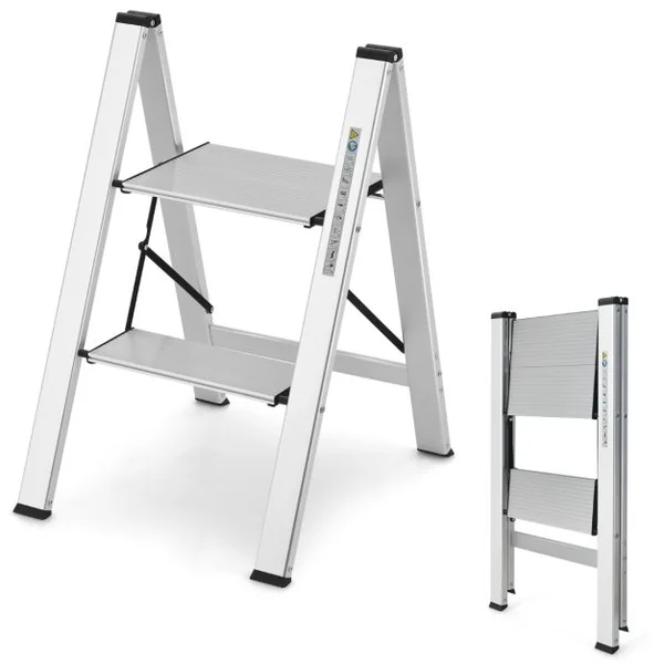 Marchepied Pliable 2 Marches en Aluminium Escabeau Portable avec Plateforme Large Marche Antidérapante Pieds en Caoutchouc Charge 150KG