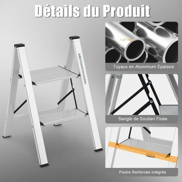 Marchepied Pliable 2 Marches en Aluminium Escabeau Portable avec Plateforme Large Marche Antidérapante Pieds en Caoutchouc Charge 150KG