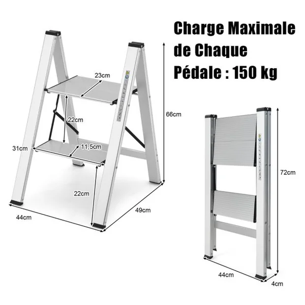 Marchepied Pliable 2 Marches en Aluminium Escabeau Portable avec Plateforme Large Marche Antidérapante Pieds en Caoutchouc Charge 150KG
