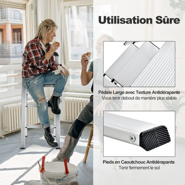 Marchepied Pliable 3 Marches en Aluminium Escabeau Portable avec Plateforme Large Marche Antidérapante Pieds en Caoutchouc Charge 150KG 62 x 44 x 109 cm