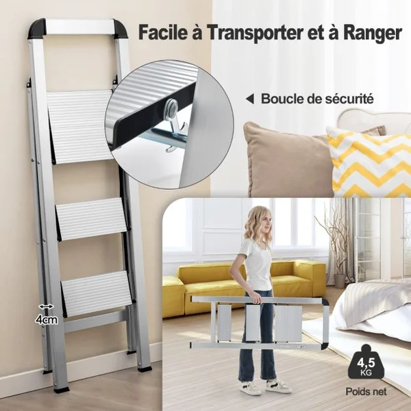 Marchepied Pliable 3 Marches en Aluminium Escabeau Portable avec Plateforme Large Marche Antidérapante Pieds en Caoutchouc Charge 150KG 62 x 44 x 109 cm