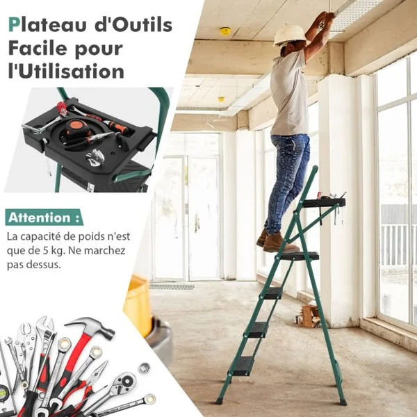 Marchepied Pliable 4 Marches en Métal avec Plateau à Outils Escabeau avec Plateforme Large Marche Antidérapante Pieds en Caoutchouc Charge 150KG