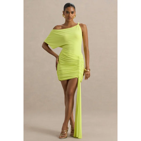 Marci | Mini-robe asymétrique vert citron avec fronces et ceinture