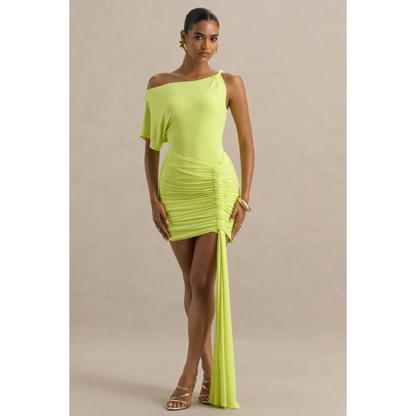 Marci | Mini-robe asymétrique vert citron avec fronces et ceinture
