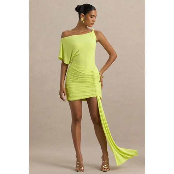 Marci | Mini-robe asymétrique vert citron avec fronces et ceinture