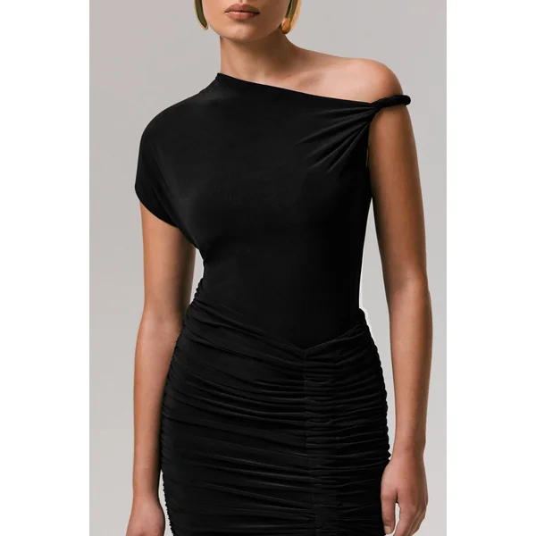 Marci | Mini-robe noire asymétrique froncée avec ceinture nouée