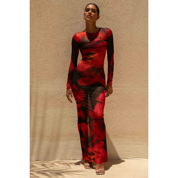 Marcy | Robe longue à col montant avec imprimé floral rouge et noir