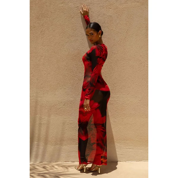Marcy | Robe longue à col montant avec imprimé floral rouge et noir