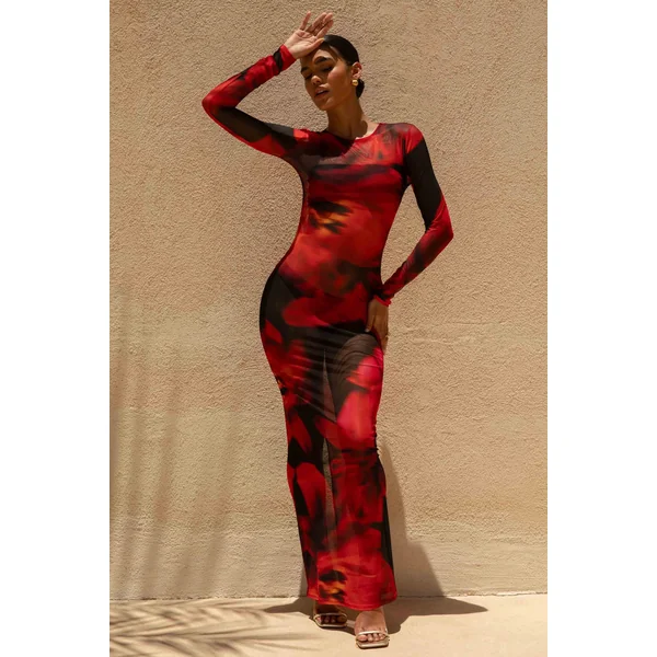 Marcy | Robe longue à col montant avec imprimé floral rouge et noir