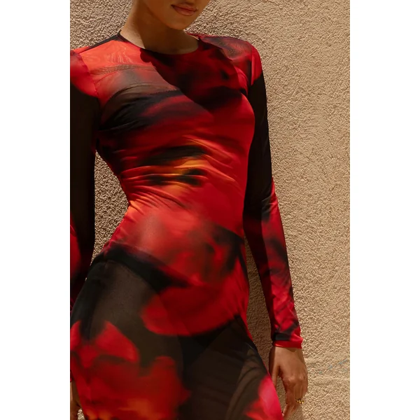 Marcy | Robe longue à col montant avec imprimé floral rouge et noir