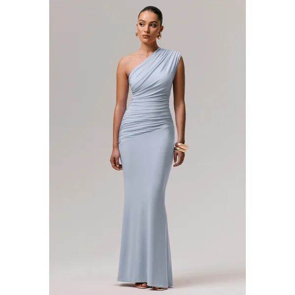 Mardi | Robe longue asymétrique bleu poudré avec fronces