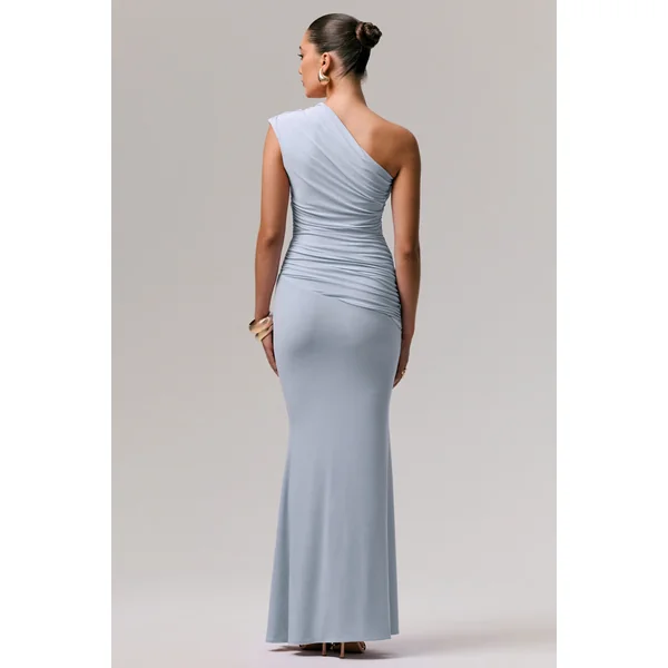 Mardi | Robe longue asymétrique bleu poudré avec fronces