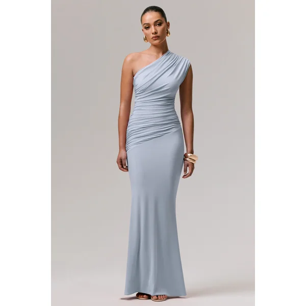 Mardi | Robe longue asymétrique bleu poudré avec fronces
