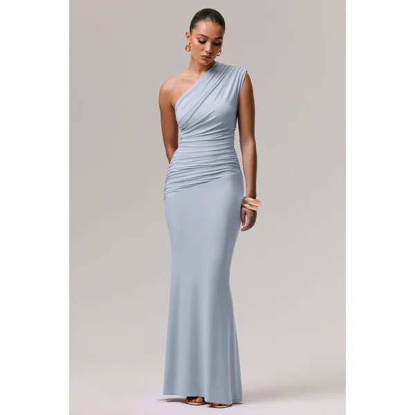 Mardi | Robe longue asymétrique bleu poudré avec fronces