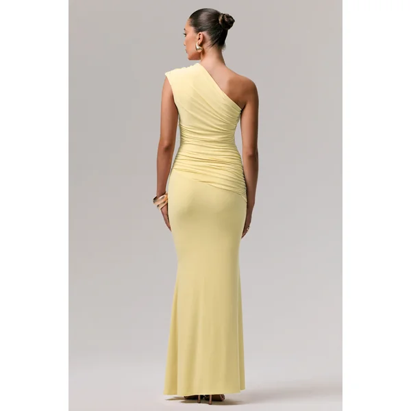 Mardi | Robe longue asymétrique citron avec fronces