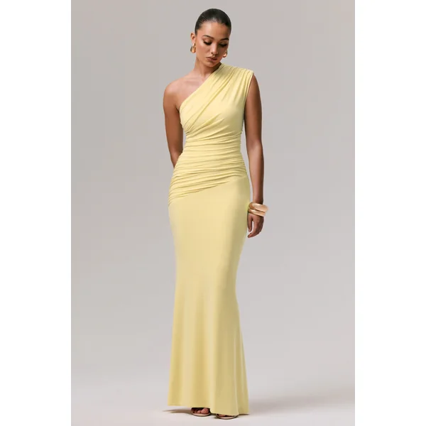 Mardi | Robe longue asymétrique citron avec fronces