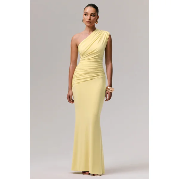 Mardi | Robe longue asymétrique citron avec fronces