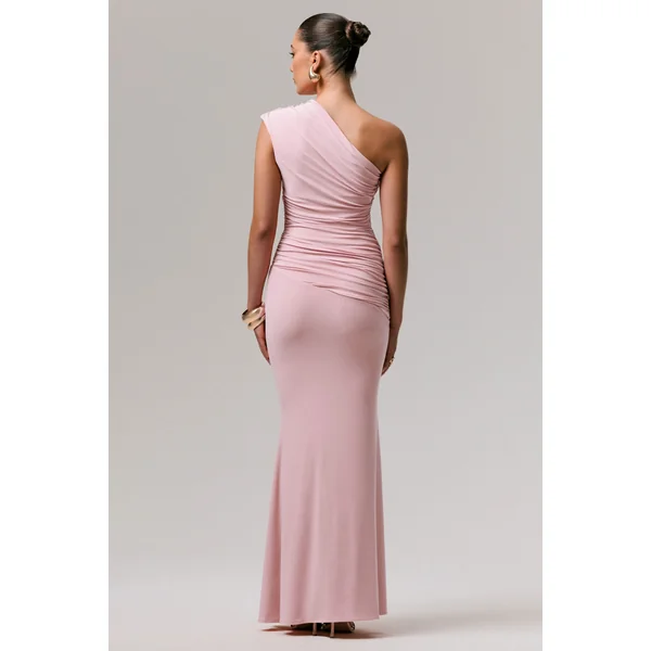 Mardi | Robe longue asymétrique rose avec fronces