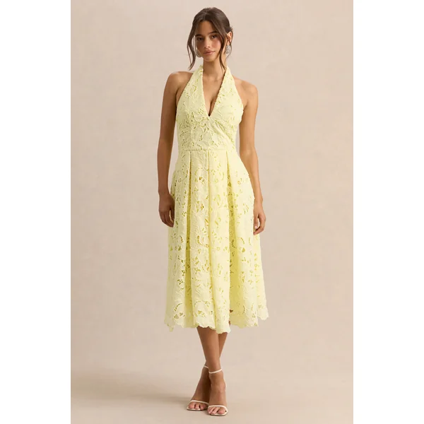 Maribel | Robe mi-longue citron en dentelle à encolure plongeante