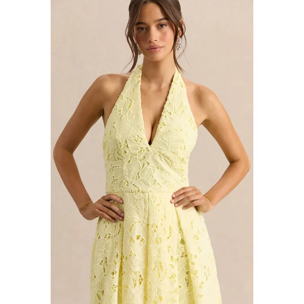 Maribel | Robe mi-longue citron en dentelle à encolure plongeante