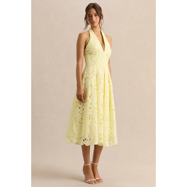 Maribel | Robe mi-longue citron en dentelle à encolure plongeante
