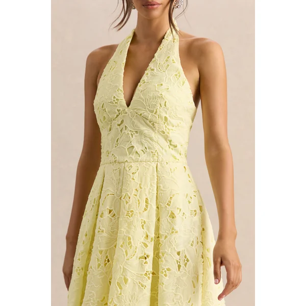 Maribel | Robe mi-longue citron en dentelle à encolure plongeante