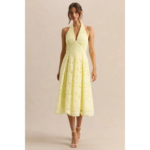 Maribel | Robe mi-longue citron en dentelle à encolure plongeante