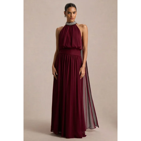Marie | Robe longue bordeaux à encolure américaine ornée
